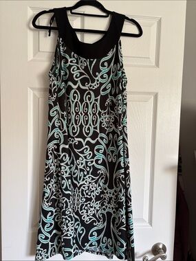 Sleeveless Black Midi Dress with Aqua Scroll Print